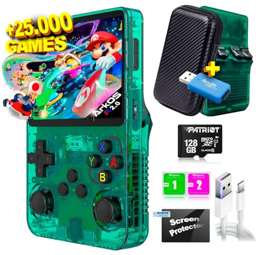 SVP Game - R36S Consola retro portátil 128 GB con +25.000 Juegos +26 Emuladores PS1, PSP, N64, NDS, SuperN, GameB, GBA - Linux IPS 3.5 Consola de videojuegos portátil (Verde t., 128 GB (25K juegos))