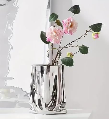 Liquid Chrome Ceramic Vase - Crinkle Fold Paper Bag Design, Modern Decorative Vase for Flower Arrangements, Artificial or Fresh Flowers, Hydroponic Plants - Home, Living Room, Office Décor 26cm Tall