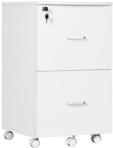 Vinsetto Caisson de Bureau 2 Tiroirs Verrouillables 43 x 45 x 72 cm Blanc | Rangement de Bureau à Roulettes en Bois