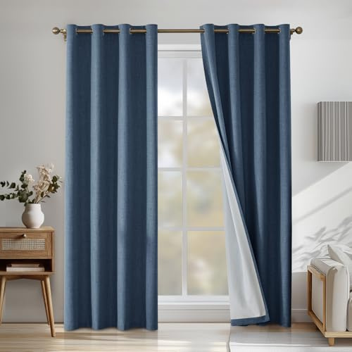CYCMACO Verdunklungsvorhänge Leinen 2er Set, 140x260cm, Kälteschutz Thermovorhang Mit Ösen, Lärmschutzvorhang, Wohnzimmer Lichtundurchlässig Vorhänge, Schlafzimmer Vorhänge, Dunkelblau