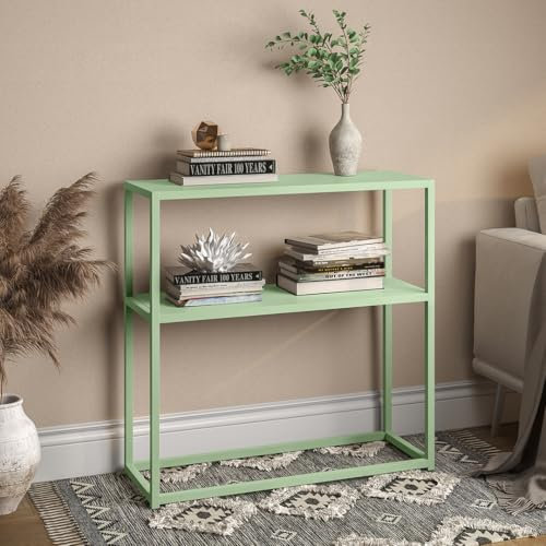skølm Skadi Konsolentisch - Metallregal grün für Wohnzimmer - Flurtisch schmal 80x28x80 cm - Sofatisch mit Ablage - Schmales Regal Metall mit Stauraum - Beistelltisch mit verstellbaren Füßen