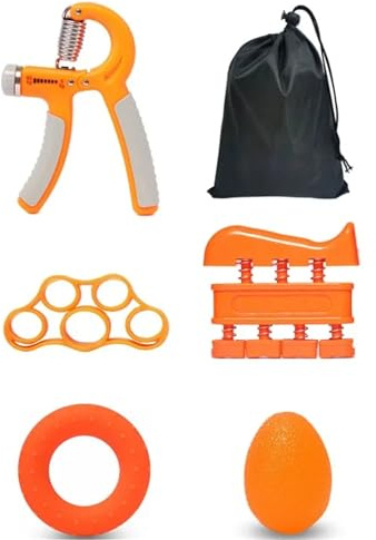 Handtrainer Set 5-teilig, verstellbarer Grifftrainer, Fingertrainer & Anti-Stress-Ball, für Handtraining, Reha, Büro, Sport & Alltag Orange