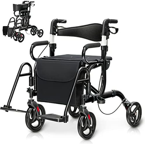 HOMASIS 2 in 1 Rollstuhl Rollator faltbar & leicht mit Sitz, Gehhilfe 6-fach höhenverstellbar, Alu Gehwagen bis 160kg belastbar, Reiserollator Laufhilfe mit Stockhalter Tasche & Bremse (Schwarz)