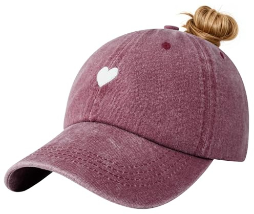 Voqeen Damen Cap mit Zopf Loch Sommer Kappe Verstellbare Basecap Baumwolle Vintage Baseball Cap mit Stickerei Atmungsaktiv Cappy Outdoor Schirmmütze