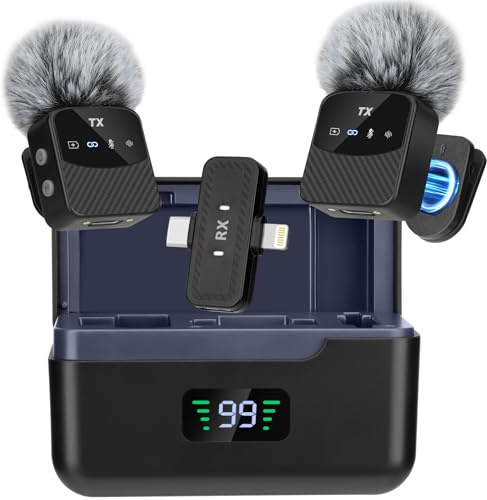 Microfono Mini Lavalier per iPhone/iPad/Android, Microfono Mini Plug-Play Professionale con Cancellazione del Rumore, 25h di Durata, Microfono Lavalier Wireless per Video, Vlog, YouTube, TikTok