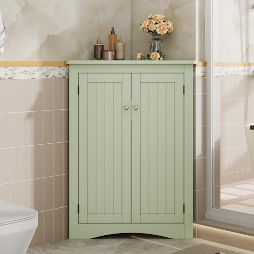Eckschrank Badezimmerschrank Grün 90 cm Badmöbel Stehend MDF Lackiert Platzsparende Eckkommode mit 2 Türen & Fächern Viel Stauraum für Bad, Küche & Wohnzimmer