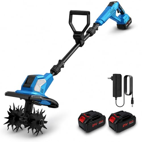 Motobineuse Electrique 600W Motoculteur sans Fil acve Double Rouleau 4 Lames, Largeur de Travail 17 cm, Profondeur de Travail 24 cm, Tige réglable en 3 Sections, 2 Batteries