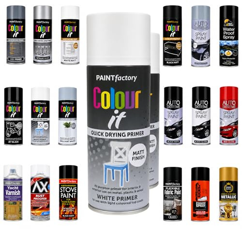 VR ANGLE 2 x PAINTfactory White Primer Spray Paint 400ml, Quick Drying Multi Surface Primer Aerosol for Wood, Metal & Plastic, Matt Finish Undercoat for Interior & Exterior Painting Projects
