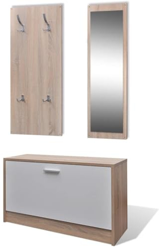 XHNIFBN Meuble d'Entrée 3 en 1 avec Armoire à Chaussures, Porte-Manteau Mural 4 Crochets et Miroir Cadre Bois, Ensemble Vestiaire pour Couloir, Coloris Chêne et Blanc