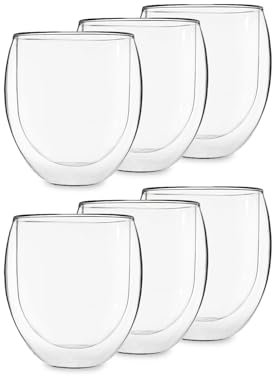 Feelino Aktion: 6er-Set XXL 400ml Thermo-Glas mit 6 Teeblumen DOPPELWANDIG Ice-Bloom Extra großes Teeglas/Kaffeeglas mit Schwebeeffekt