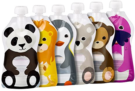 Squooshi Reusable Baby Food Pouches, 6 Pack, 5oz, Assorted Animals