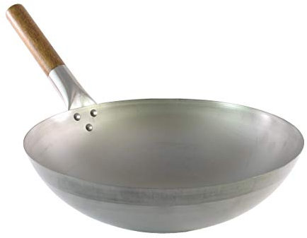 Wok traditionnel en acier carbone - Qualité professionnelle - Fond rond - Manche en bois - Ø 35 cm