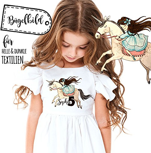ilka parey wandtattoo-welt® Bügelbilder Applikation Bügelbild Aufbügelbilder zum Geburtstag Fee mit Einhorn Name und Alter bb20