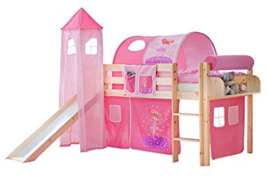 Hochbett mit Rutsche und Turm Spielbett Kasper Kiefer massiv Natur