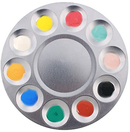 Round Palette, 10 Well Aluminium Paint Tray Watercolor Oil Paint Mixing Palette Tray