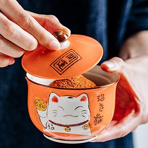 EatingBiting Ceramics Japanese Maneki Neko Lucky Cat Sugar Salt Pepper Storage Jar with Lid And Spoon Sugar Salt Pepper Storage Jar Seasoning Pot with Lid and Spoon for Home Kitchen