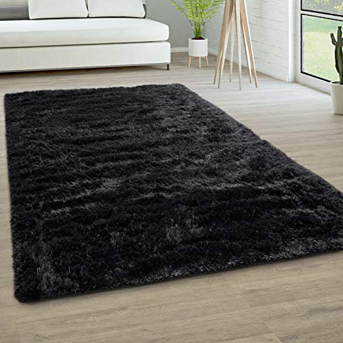 Paco Home Hochflor Teppich Wohnzimmer rutschfest Fellteppich Shaggy Flauschig Weich Modern Kunstfell Fell Imitat Einfarbig, Grösse:60x100 cm, Farbe:Schwarz