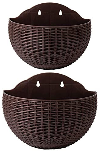 Lot de 2 pots de fleurs en imitation rotin à suspendre au mur en demi-cercle avec trou de drainage et crochets, panier à suspendre en plastique pour balcon ou clôture (café)
