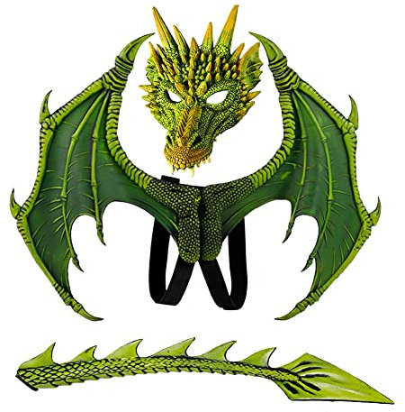 CRTEPST Dragon Costume for Kids Boys Girls, Dragon Wing Tail Mask Set,Halloween Dinosaur Cosplay Set for Child (Green)