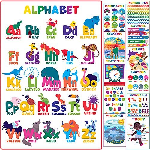Youngever 12er Pack Laminierte Pädagogische Vorschulposter für Kleinkinder und Kinder, Lernposter, Klassenzimmerposter, Lehrposter, Alphabet-ABC-Poster (56 CM x 43 CM)