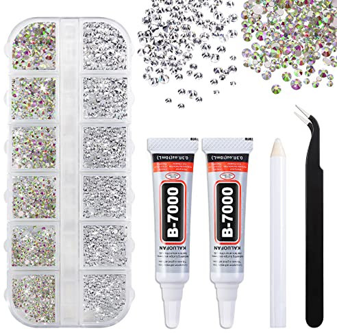 Rhinestones for Crafts, Clear Flatback Nail Gems, Kaluofan 1728 PCS Rhinestones with B7000 Glue Tweezers and Picking Pen, Silver and Iridescent 2 Style, for Crafts Nail Earring Phone Cases Clothes