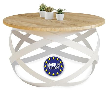Lumarc Firenze, Couchtisch Rund aus Massivholz Eiche und Stahl Handgefertigt, Wohnzimmertisch, Coffee Table, Weiß, 65x40 cm, Langlebig & Stilvoll