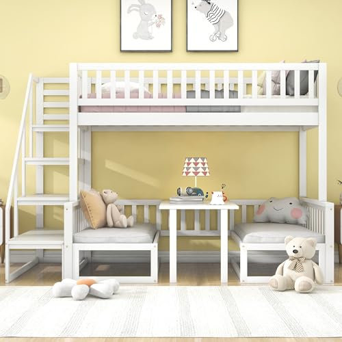 Moimhear Platzsparendes Etagenbett mit Treppe, mit verstellbarem Tisch, mit Holzsofa, Robustes Kieferholzgestell, Weiß (90x200cm&120 * 200cm)