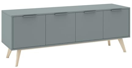 AltoBuy CANACA - Meuble TV 4 Portes Scandinave MDF et Pin Massif Gris Vert