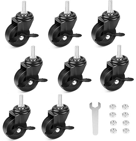 DBREAKS 8 Pcs Ruedas para Muebles, Ø50 mm Ruedas giratorias con freno, M8 ruedas giratorias con vástago roscado con frenos, Ruedas de Transporte para Muebles(Negro)