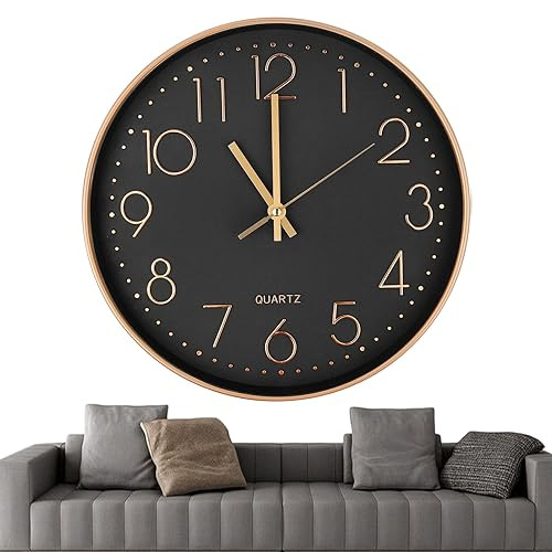 Chedin Reloj de pared redondo de 30 cm, sin ruido de tictac, moderno, de cuarzo, sin ruido de tictac, reloj de pared infantil, grande, movimiento para reloj de pared silencioso (dorado/negro)