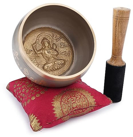 Ajuny Juego de Cuencos Tibetanos de Latón con Varilla y Cojín para Yoga Curación de Chakras Alivio del Estrés con Sonido Hecho a Mano Regalo para Mujeres y Hombres (Beige Dorado)