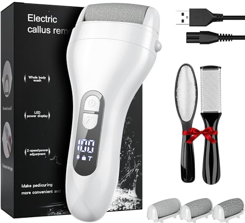 Râpe électrique professionnelle pour callosités avec 5 rouleaux de rechange pour enlever les callosités, râpe à callosités pour peaux mortes et pieds avec 2 râpes pour callosités, blanc
