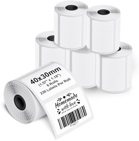 Phomemo M110/M220/M221/M200/M120/M100/M108/M150/M250/M260 Multifunktionale Selbstklebende Etiketten, 1.57x1.18(40x30mm) etikettenpapier für Phomemo Etikettendrucker. 230 Etiketten/Rolle(6 Rollen)
