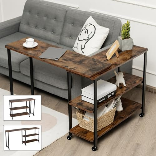 COSTWAY Beistelltisch Holz, Couchtisch L-Form, Tischplatte 360° drehbar, 3 Ebenen Sofatisch mit Rollen, Wohnzimmertisch mit Metallrahmen, Vintage, 101 x 82,5 x 72,5 cm, Braun