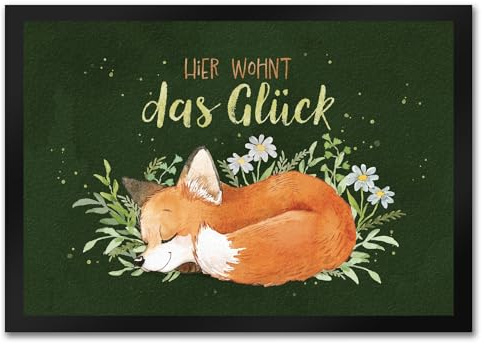speecheese Hier wohnt das Glück Fußmatte in 35x50 cm mit Fuchs im Aquarell-Stil EIN bunter Herbst Türvorleger für den Eingangsbereich Motiv schlafender Aquarell Fußabtreter Natur Türmatte