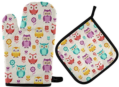 Topflappen Und Topflappen Set Von 2 Cartoon Eule Niedliche Eule Und Blume Topfpads Küchendekoration Grillhandschuhe Topfhandschuhe, Für Backen, Mikrowelle, Küche