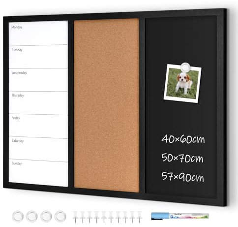QUEENLINK Kombitafel mit Magnetische Kreidetafel Whiteboard Kalender und Pinnwand Kork 50 x 70 cm Pinnwand Küche Magnettafel Memoboard