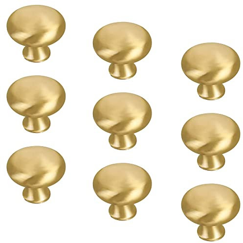 Schrankknäufe, 9 Stück, goldene Schubladengriffe, runde Möbelknöpfe aus massivem gebürstetem Messing mit Schrauben für Schranktür, Kommode, Kleiderschrank, Schuhschrank
