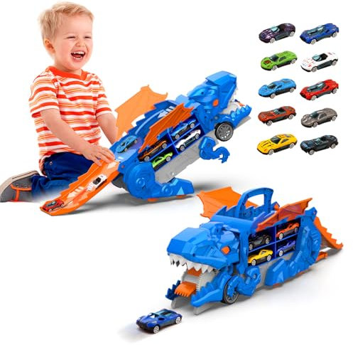 Toy Car Dinosaur Toys for 3 4 5 6 Years Old Boys, Transport Race Truck with 10 Mini Cars, Kids Toy Gift for Aged 3 4 5 6