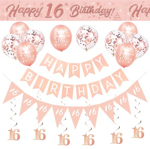 16th BIrthday Decorations for Girls-Rose Gold 16th Birthday Banners Balloons Bunting for Her,Happy Birthday Party Decor Include Banner Bunting Hanging Swirls Triangle Flags Confetti Latex Balloons