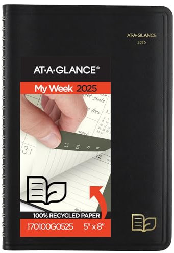 AT-A-GLANCE Terminkalender 2025, Wochen- und Monatsplaner, 12,7 x 20,3 cm, klein, stündlich, recycelt, schwarz (70100G0525)
