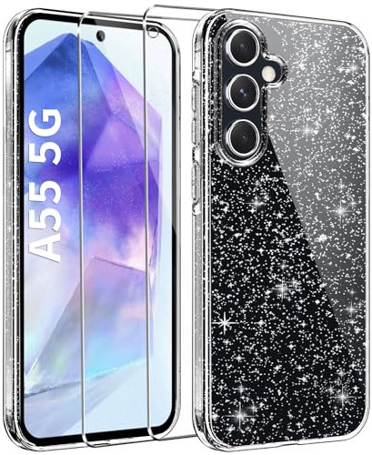 AROYI Klar Glitzer Handyhülle Kompatibel mit Samsung Galaxy A55 5G Hülle Glitzer mit 2 Stück Schutzfolie, Handyhülle Samsung A55 5G Transparent Weiche TPU Silikon Case [Anti-Yellowing], Gray