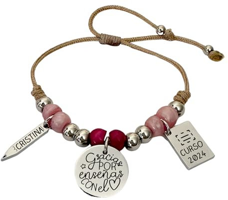 Pulsera para profesora, personalizada, elaborada a mano, acabados en acero inoxidable, ajustable, MODELO VIVA, Regalos para profesores. (FUCSIA, GRACIAS POR ENSEÑAR CON EL CORAZÓN)