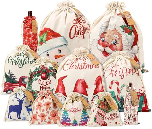 Geschenk Tüten Weihnachten-12 Stück Xmas Geschenkverpackung Tasche mit Kordelzug, Wiederverwendbare Stoffbeutel für Geschenke, Große Nikolaus Säcke Canvas Beutel Sackleinen Taschen mit Namensschilder