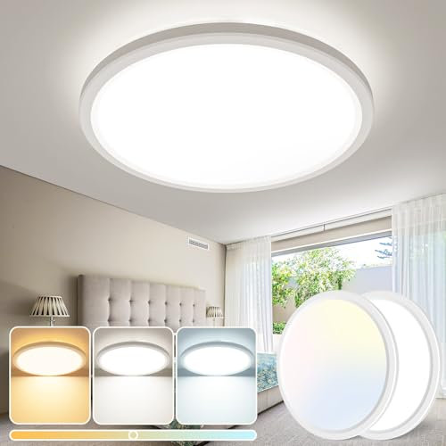 slochi LED Deckenleuchte 2 Stück, 24W 3 Farben Deckenlampe 3000K/4000K/6500K, Flach Rund Badezimmer Lampe IP44 Wasserfest, BadLampe Decke für Küche Wohnzimmer Schlafzimmer
