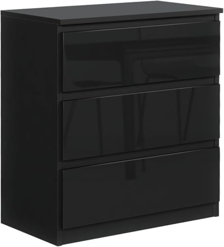 meble masztalerz Kommode Matt mit 3 Schubladen 70 cm, Sideboard Wohnzimmer, Kommode Schlafzimmer H: 78,5 cm, B: 70 cm, T: 39 cm Kommode mit Schubladen, Schubladenschrank (Schwarz Glänzendes)