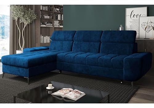 Easy4You Ecksofa Como Marineblau L-Form – 283x101x175 cm - Schlafsofa mit Bettkasten und Schlaffunktion - Eckcouch mit Stauraum und Metallfüße, Verstellbare Kopfstützen – Stoff Monolith 77