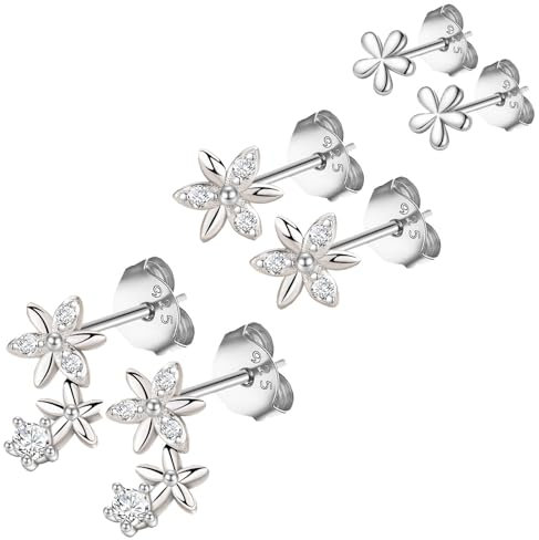 HinDaLi 3 Paar Blumen Ohrringe Silber 925 für Damen Mädchen Frauen Silber Ohrstecker Blume Zirkonia Ohrringe Damen Set Diamant Ohrring Stecker Klein Piercing