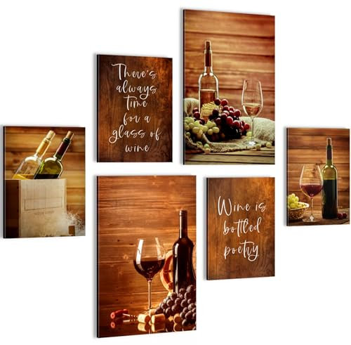 Novart Wandbilder Küchenbild Wein - KOMPLETT AUFHÄNGFERTIG - Braun Küche Esszimmer - 6 Moderne Mood-Bilder - N035967a