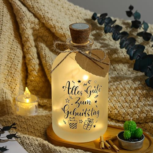 taonganui Geburtstag LED Flaschenlicht mit Spruch Alles Gute zum Geburtstag, Personalisierte Leuchtflasche Geschenk mit Korken & Geschenkanhänger, Dekoflaschen für Frau Mann